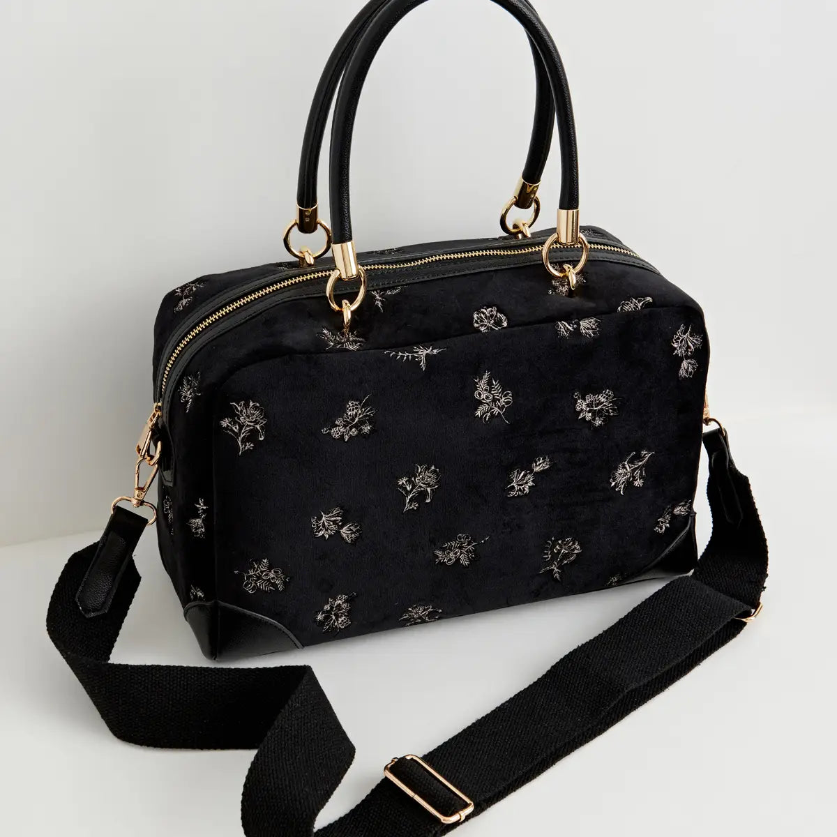 Fable Hepsie Embroidered Bowling Purse Black Velvet