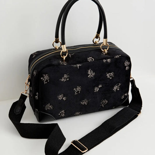 Fable Hepsie Embroidered Bowling Purse Black Velvet