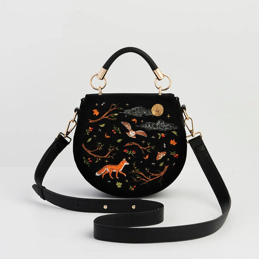 Fox & Owl Embroidered Black Top Handle Saddle Bag