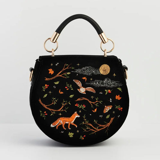 Fox & Owl Embroidered Black Top Handle Saddle Bag