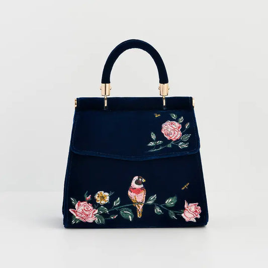 Fable Rosy Posy Embroidered Blue Mini Top Handle Tote