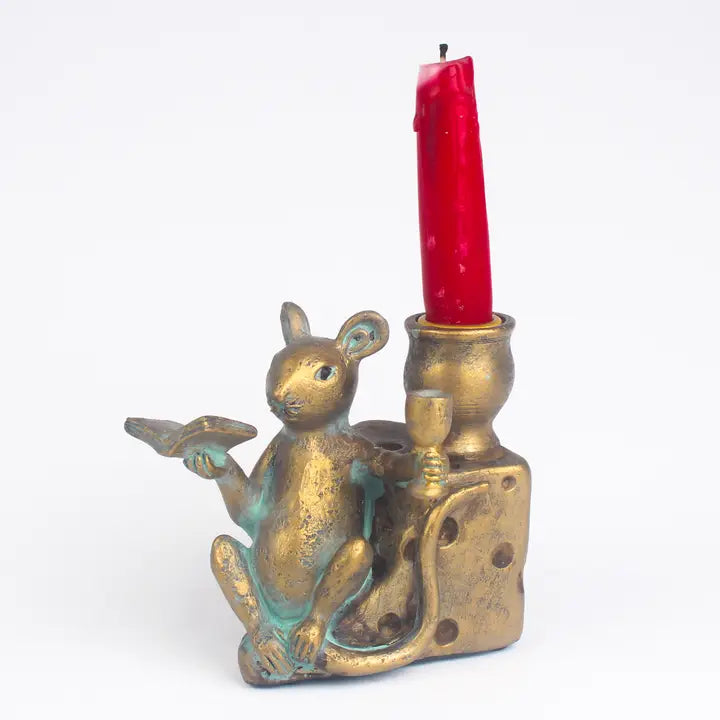 Antique Bronze Mouse On Cheese Candle Holder