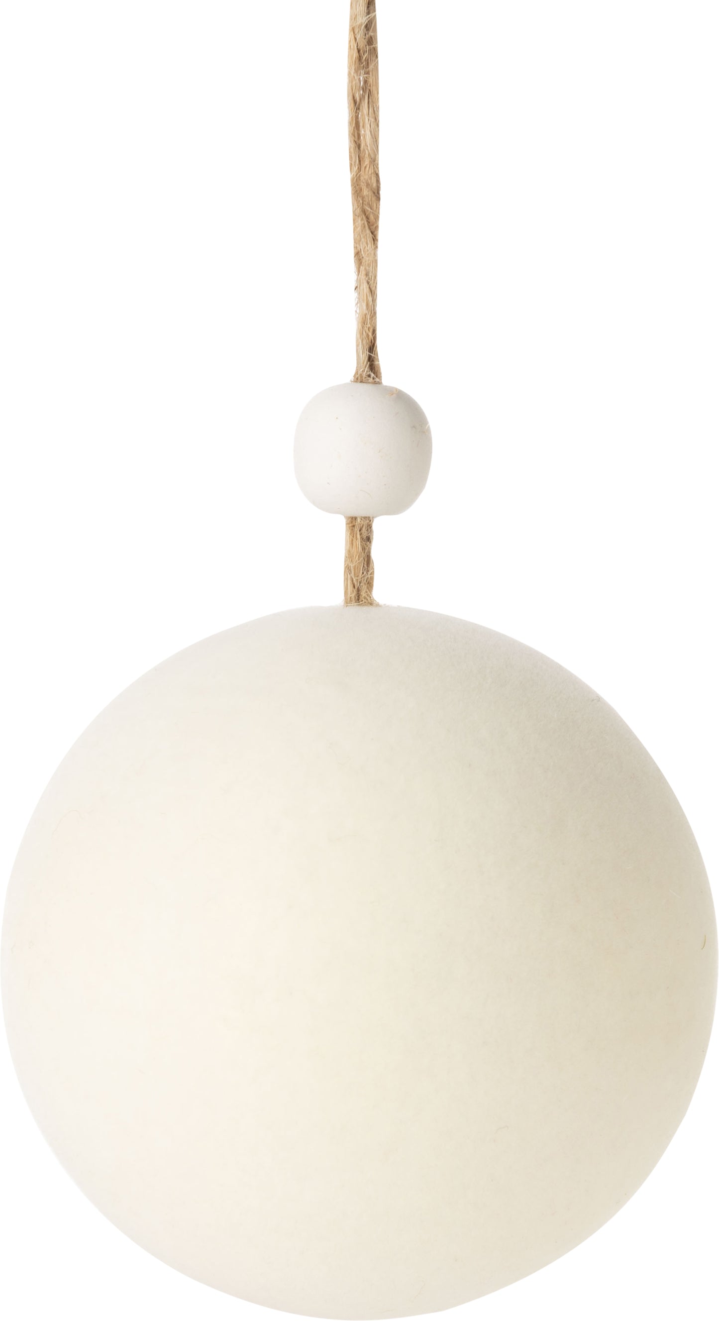 White Flock Cover Plastic Ball Ornament with Wood Bead Top