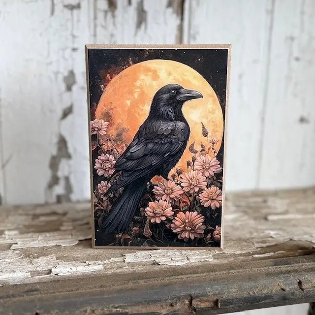Floral Moon Crow Block 4 x 6"