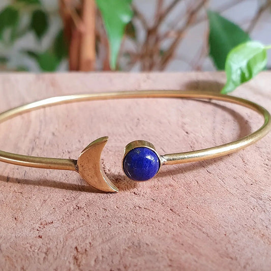 Gold Moon Bracelet in Brass with Lapis Lazuli