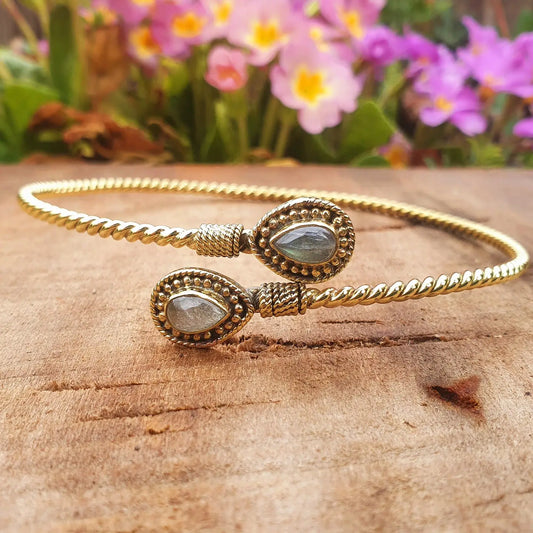 Spiral Brass Arm Bracelet and Labradorite Stone