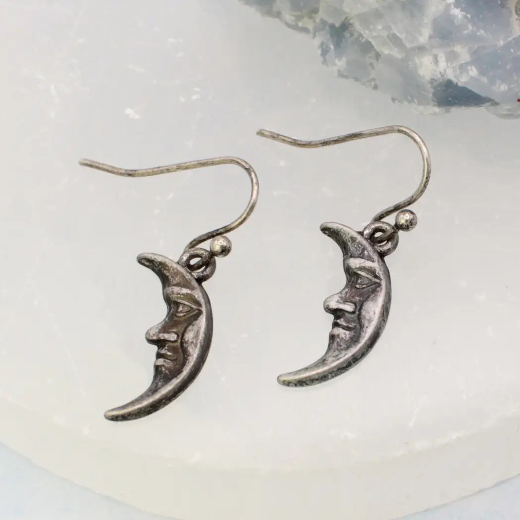 Antiqued Silver Man in the Moon Crescent Earrings