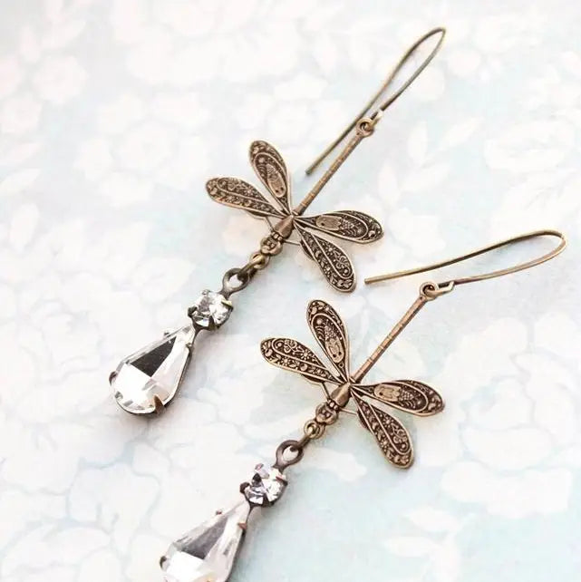 Dragonfly Crystal Sparkling Vintage Glass Earrings