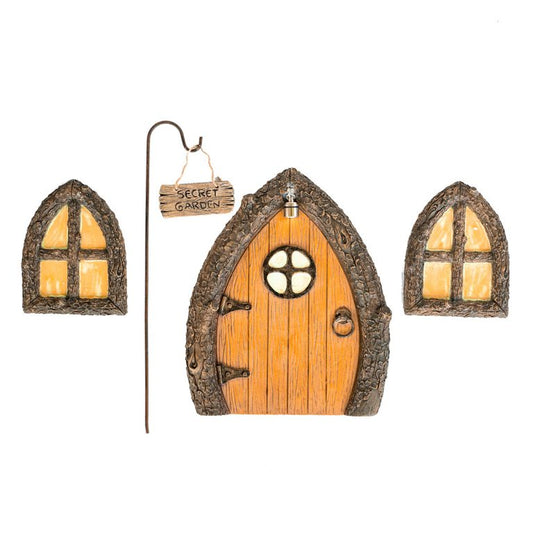 Fairy Door and Window for Trees with Light and Secret Garden Sign