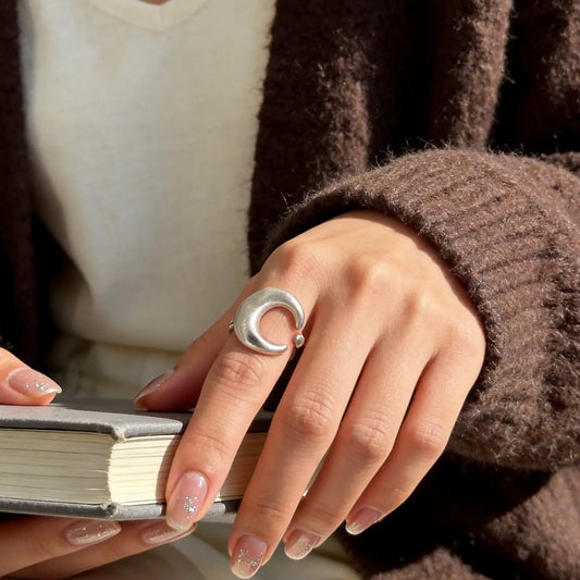Silver Crescent Moon Adjustable Ring