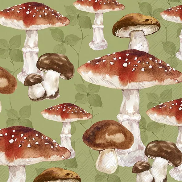 Mushroom Allover Green Luncheon Napkins