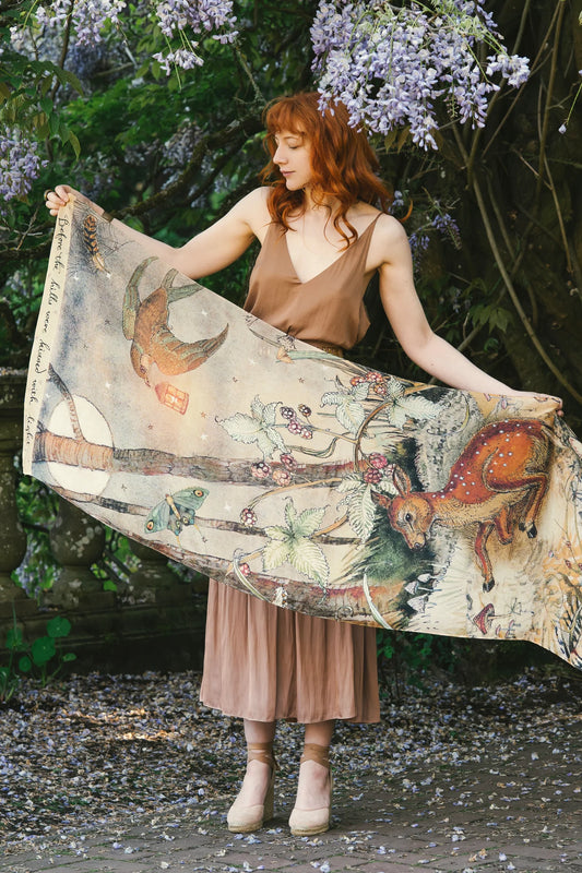 Lovelight Scarf With Woodland Deer, Swallow & Poetry By Market of Stars