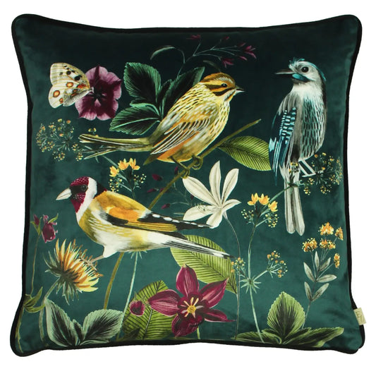Midnight Garden Bird Velvet Green Cushion