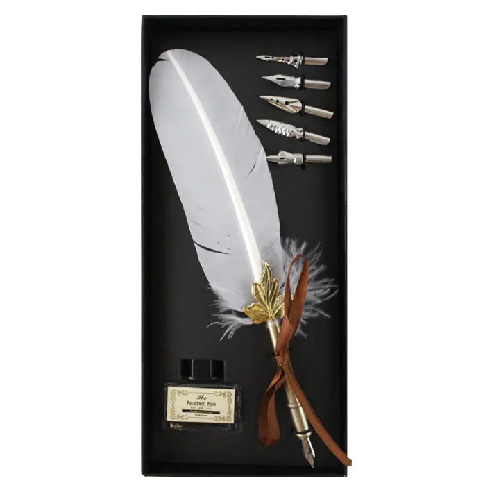 Writing Calligraphy Set - Black Box with White Feather Pen