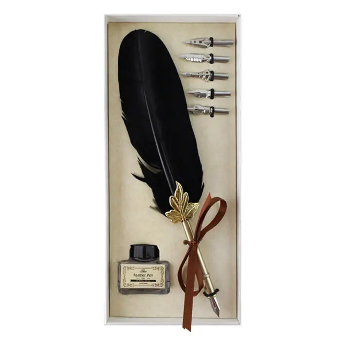 Calligraphy Writing Set - White Box with Black Feather Pen