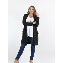Plus Size Knee-length Slouchy Pocket Open Cardigan