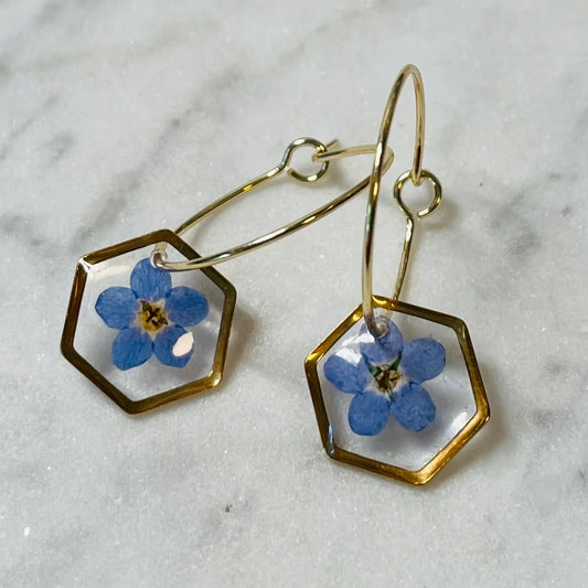 Forget-Me-Not Hexagon Hoop Earrings
