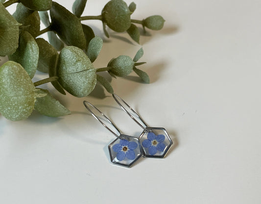 Forget-Me-Not Hexagon Hoop Earrings