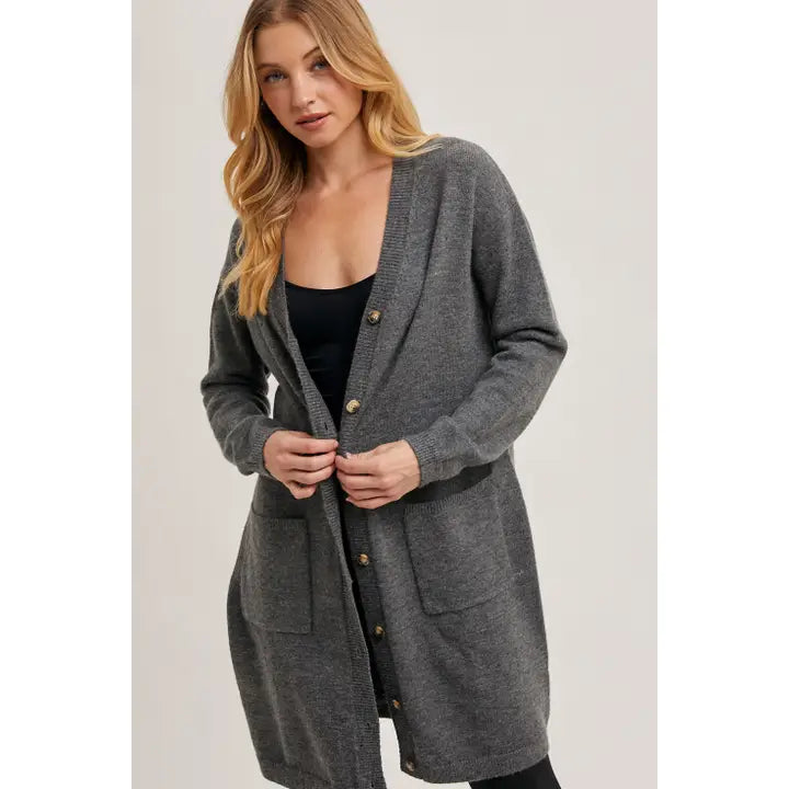 Button Down V-neck Long Line Knit Cardigan