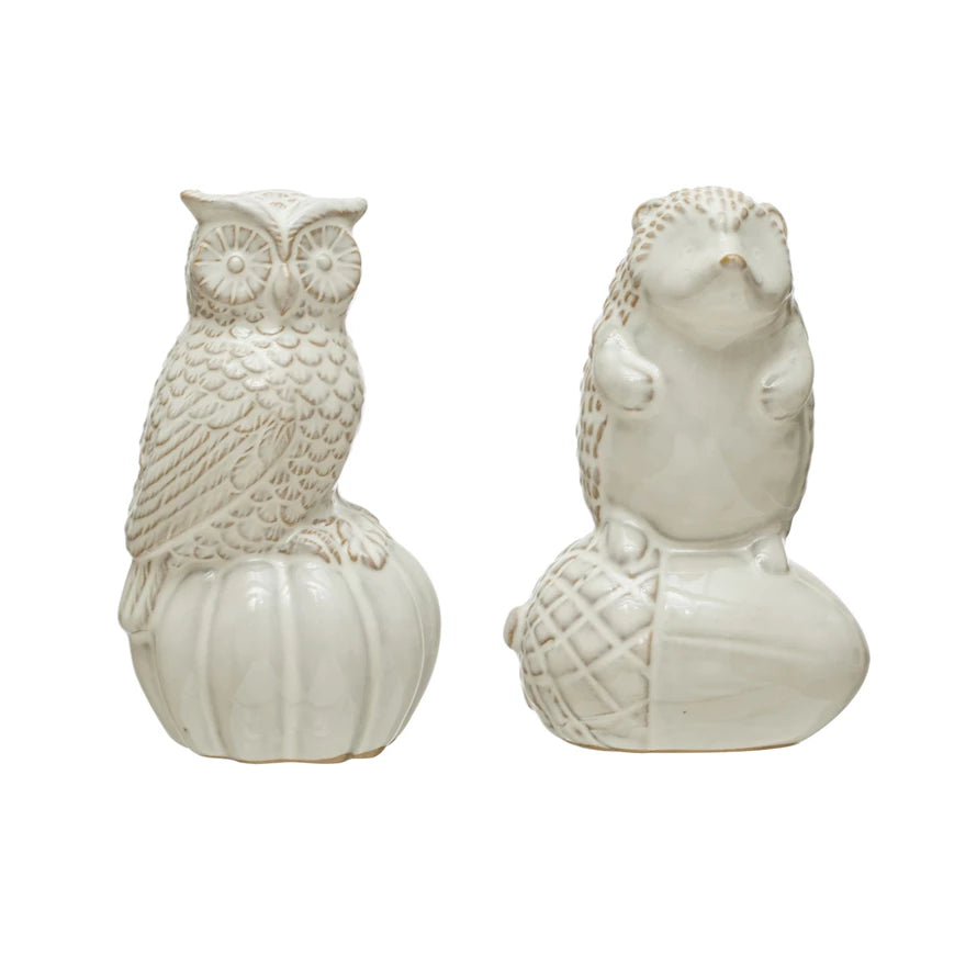 4"H Stoneware Forest Animal on Pumpkin or Acorn