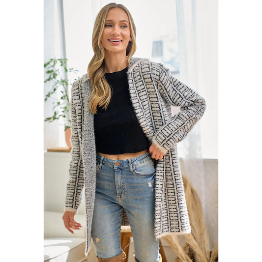 Eyelash Long Sleeve Hoodie Cardigan with Lurex Yarn