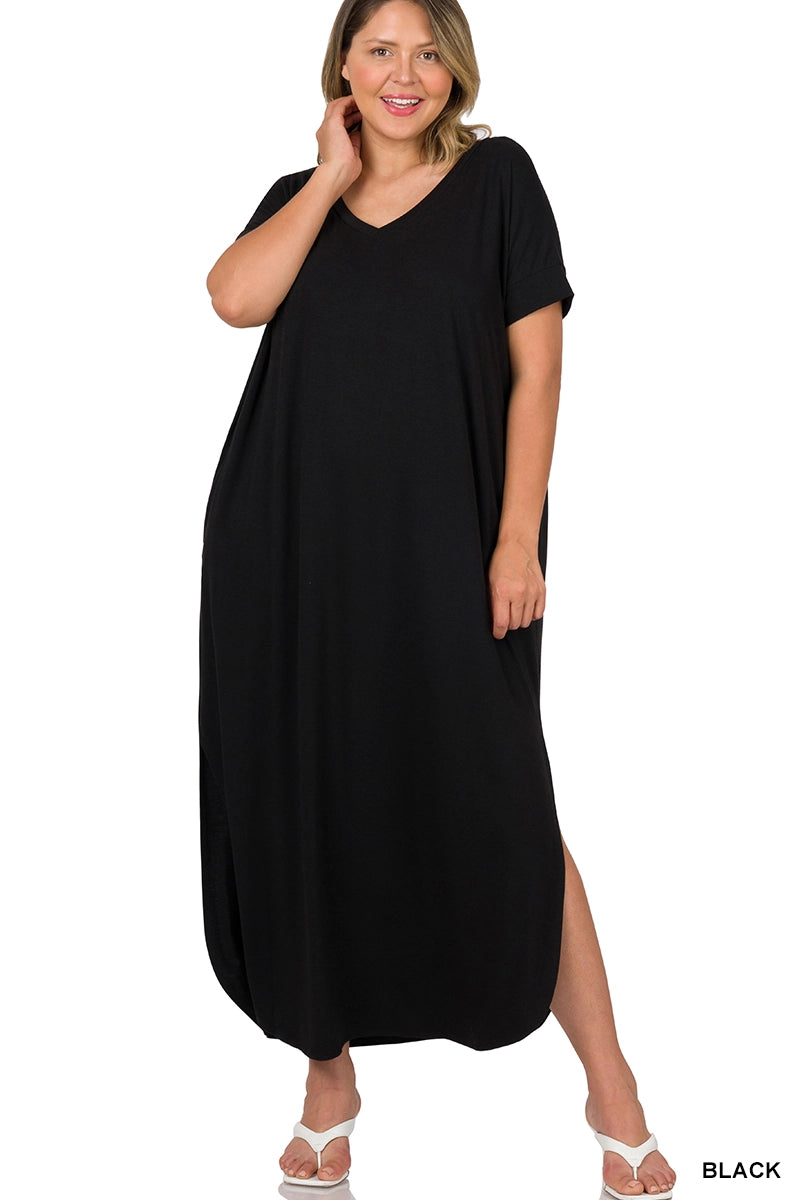 Plus Size V-Neck Short Sleeve Maxi Dress
