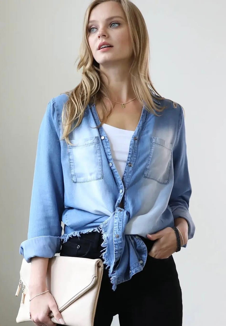 Plus Size Chambray Frayed Hem Longline Shirt
