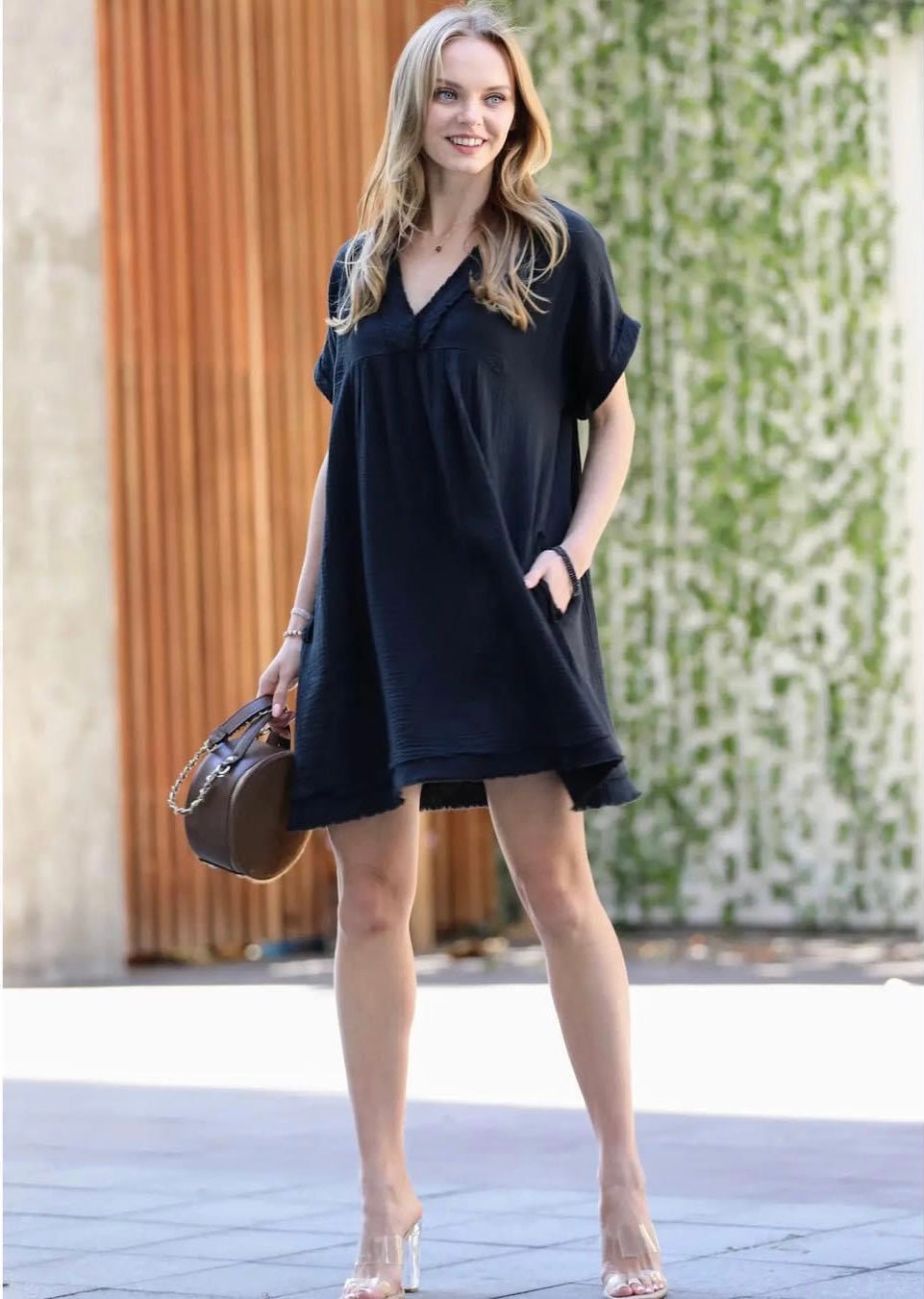 Rolled Short Sleeve Raw Edge V-Neck Dress - Black