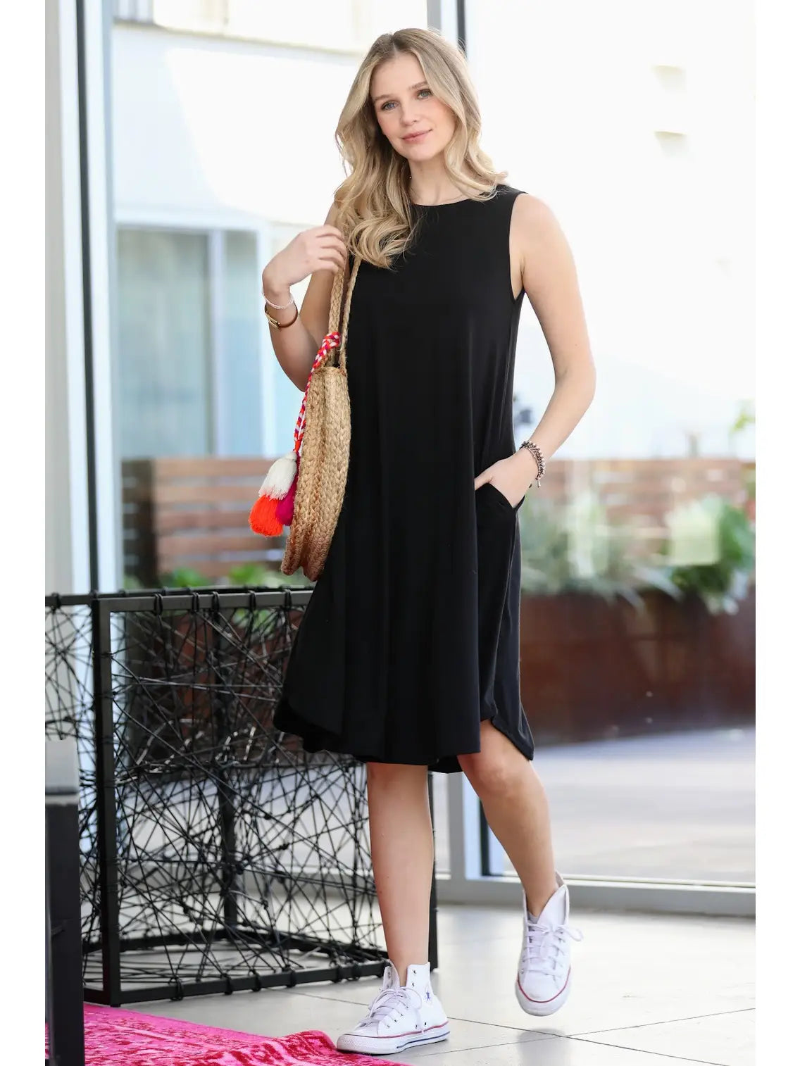 Sleeveless Round Neck Round Hem Midi Dress with Pocket - Black