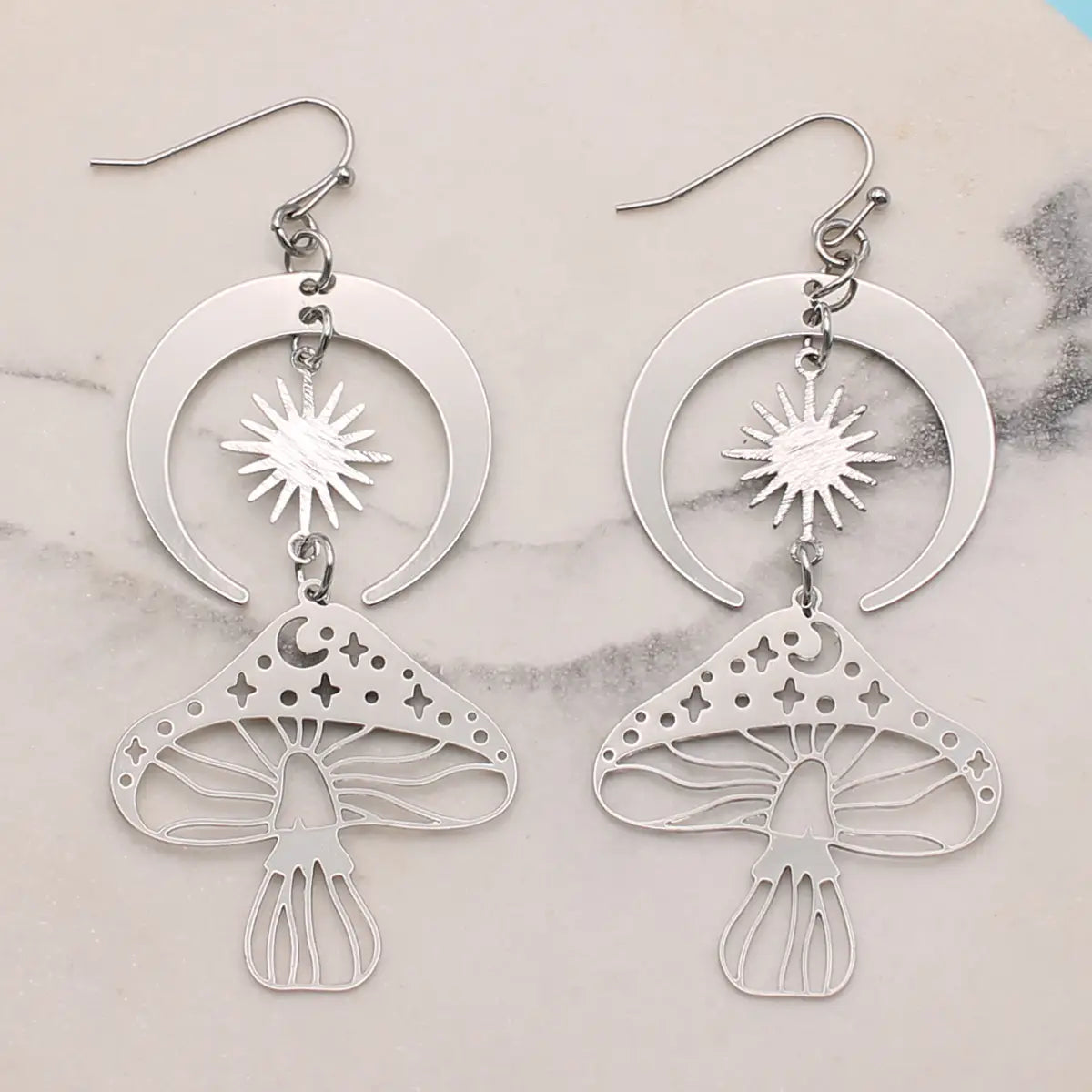 Silver Skies Mushroom Moon Earrings