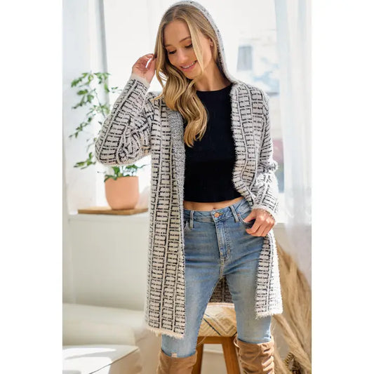 Eyelash Long Sleeve Hoodie Cardigan with Lurex Yarn