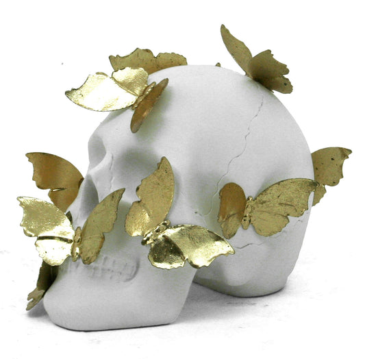 White Skull with Gold Butterflies