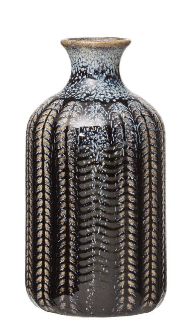 Embossed Stoneware Vase with Glaze