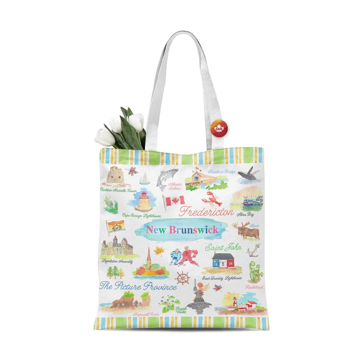 New Brunswick Canada Illustrated Landmarks Souvenir Tote Bag with Coastal Icons