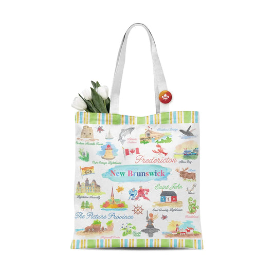 New Brunswick Canada Illustrated Landmarks Souvenir Tote Bag with Coastal Icons