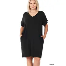 Plus Size Rolled Short Sleeve V-Neck Dress with Side Pocket