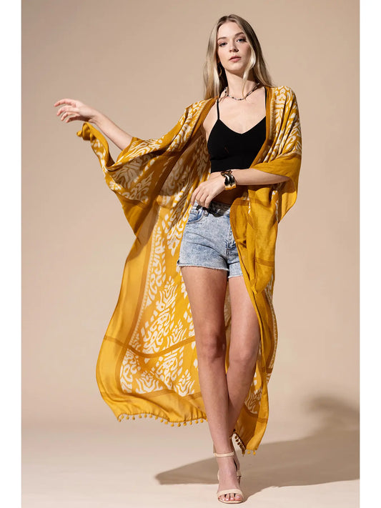 Damask Print Kimono with Sleeves