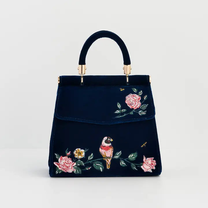 Fable Rosy Posy Embroidered Blue Mini Top Handle Tote