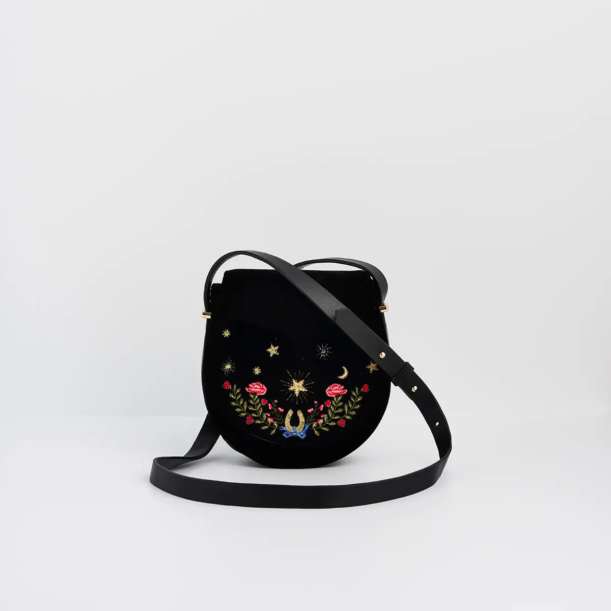 Black Dove & Floral Star Velvet Embroideried Saddle Bag