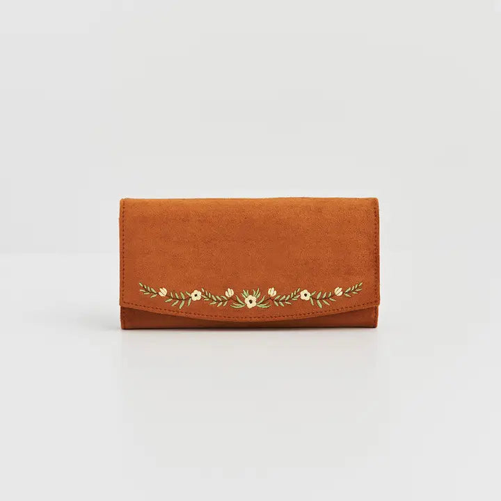 Floral Tan Faux Suede Embroidered Purse