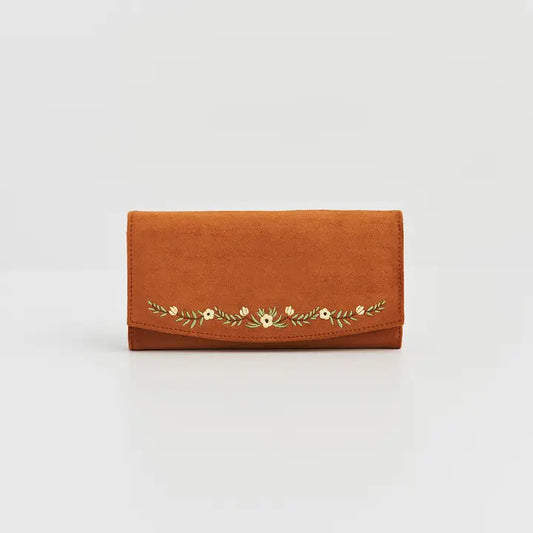 Floral Tan Faux Suede Embroidered Purse
