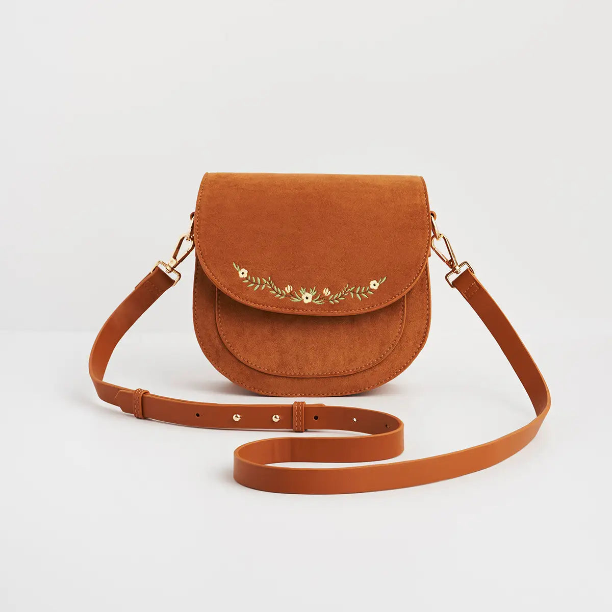 Floral Tan Faux Suede Embroidered Saddle Bag