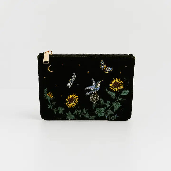 Sunflower Green Velvet Embroidered Pouch