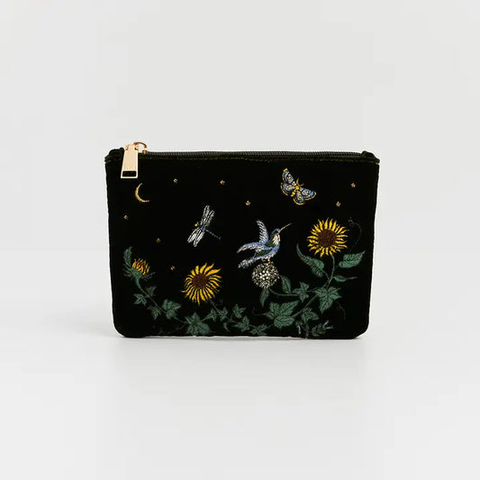 Sunflower Green Velvet Embroidered Pouch