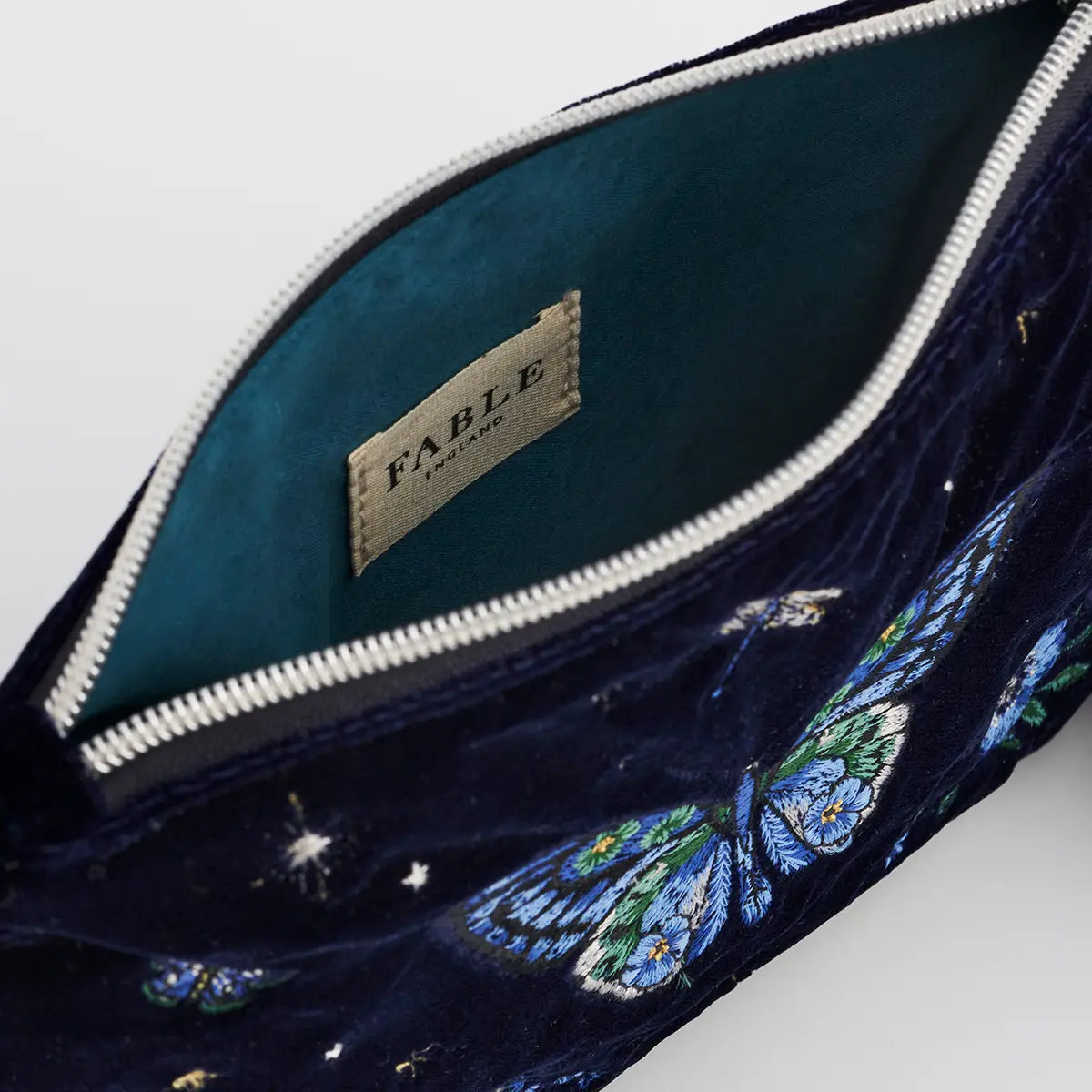 Butterfly Embroidered Fable Pouch in Navy Velvet