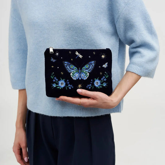 Butterfly Embroidered Fable Pouch in Navy Velvet