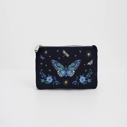 Butterfly Embroidered Fable Pouch in Navy Velvet
