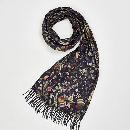 Fable Wolf Garden Navy Scarf with Tassels