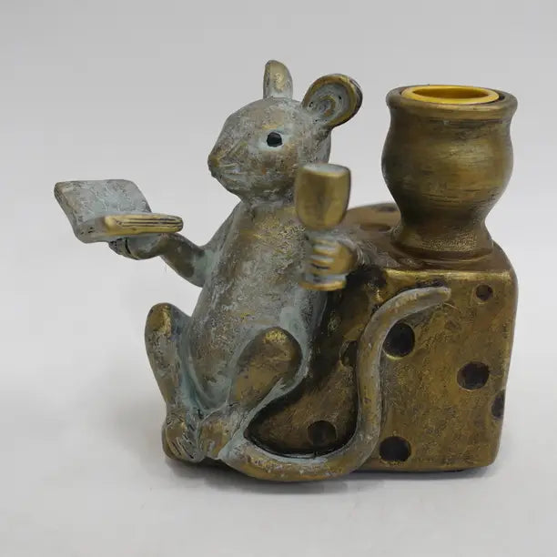 Antique Bronze Mouse On Cheese Candle Holder