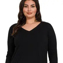 Plus Size Cotton V-Neck Long Sleeve T-shirt - Midnight Navy